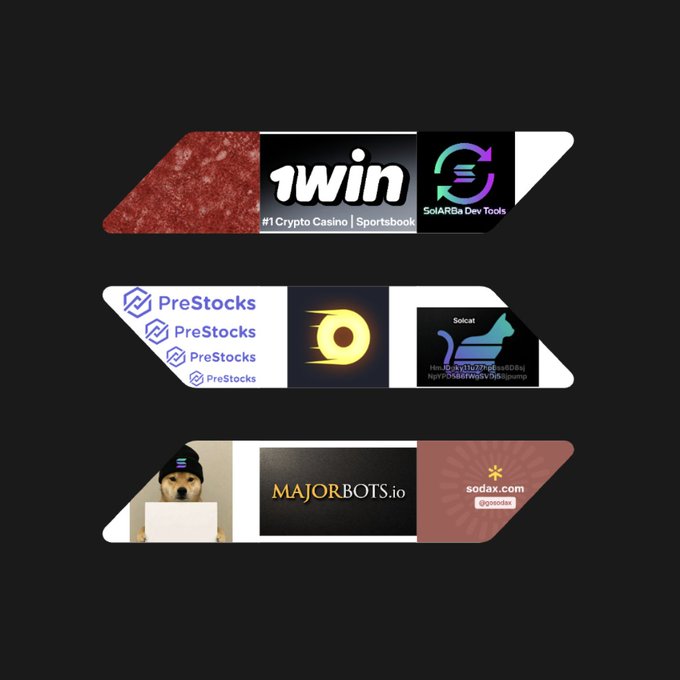 Cryptocurrency promotional graphics featuring 1win (#1 Crypto Casino | Sportsbook), PreStocks, SolARbA Dev Tools, MAJORBOTS.io, and sodax.com.