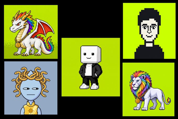 A collage of pixel-art figures and colorful mythical creatures, including a white dragon, a rainbow-maned lion, and a blue Medusa-like character, surrounds a central white-headed character.