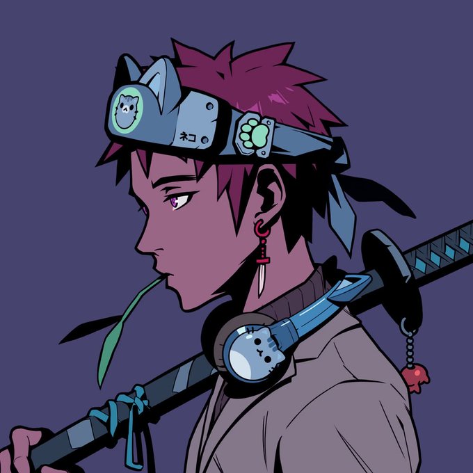 An anime-style profile illustration of a male character with spiky magenta hair wearing a blue cat-themed headband, a red earring, and carrying a katana with a cat face guard on his back.