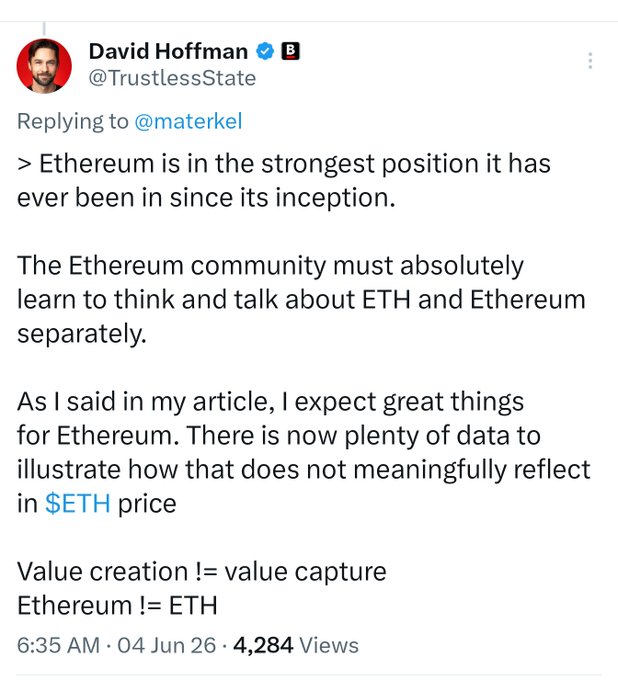 The image shows a screenshot of a Twitter account containing text about Ethereum and ETH. The caption reads "Eth not eth". This suggests that the user has a different perspective or opinion than traditionalists, who believe that Etherum and ETH are separate. The image also contains a hashtag for the post which is 'eth not eth', further emphasizing this disagreement in perception of cryptocurrency values between different groups of people.
