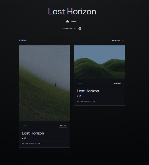Dark-themed NFT marketplace interface titled 'Lost Horizon' by artist JONAS on Ethereum, displaying two green hillside landscape items available for bidding.