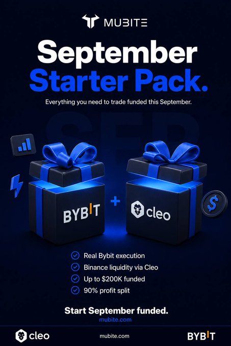 A promotional graphic titled 'MUBITE September Starter Pack' advertises a bundle with Bybit and Cleo, offering real Bybit execution, Binance liquidity via Cleo, up to $200K funded, and 90% profit split.