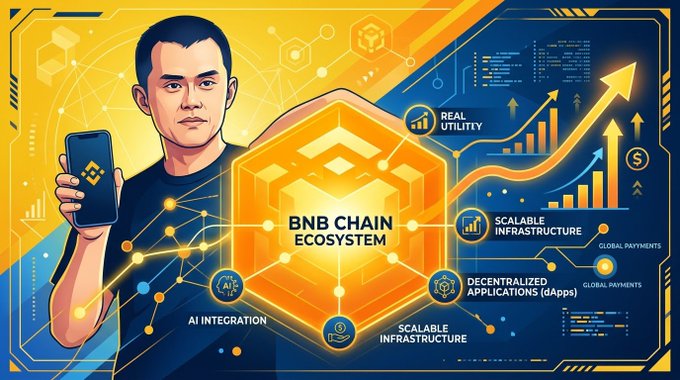 A stylized illustration depicts CZ holding a smartphone with the BNB logo, set against a futuristic tech backdrop featuring a central "BNB CHAIN ECOSYSTEM" emblem surrounded by label callouts for "REAL UTILITY," "SCALABLE INFRASTRUCTURE," "AI INTEGRATION," and "DECENTRALIZED APPLICATIONS (dApps)," visually reinforcing the post's narrative of BNB Chain as a utility-driven ecosystem beyond price speculation.