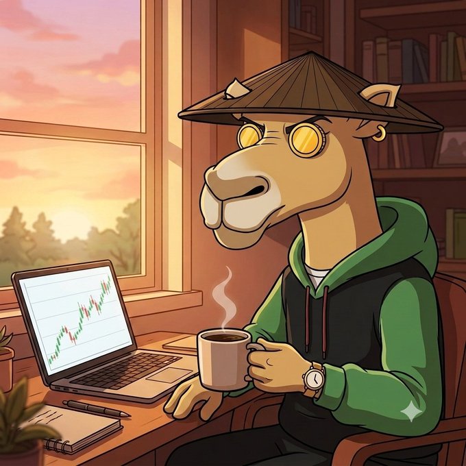 A digital illustration of an anthropomorphic camel character wearing a traditional conical hat, round yellow glasses, and a green hoodie, sitting at a desk and holding a coffee mug while looking at a laptop displaying a stock chart during sunset.