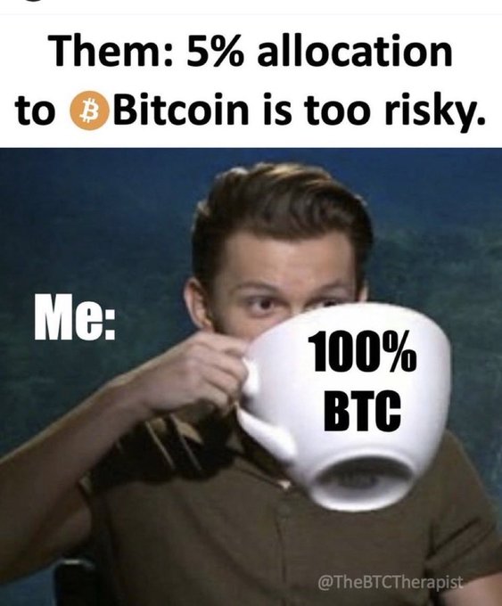 A man drinks from a large white mug labeled "100% BTC" while the top text reads "Them: 5% allocation to Bitcoin is too risky." The meme humorously contrasts cautious 5% Bitcoin investors with someone going all-in, reinforcing the post's message that anyone not fully invested in Bitcoin is missing out.