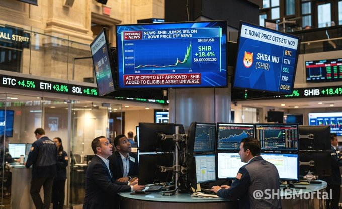 The image shows traders at the New York Stock Exchange floor with monitors displaying breaking news that "T. Rowe Price's Active Crypto ETF Approved - SHIB Added to Eligible Asset Universe" alongside a chart showing SHIB jumping 18.4% on the news, visually reinforcing the caption's announcement that Shiba Inu has been officially listed alongside BTC, ETH, SOL, XRP, and DOGE in this major institutional crypto fund.