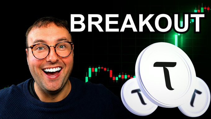 !" Is $TAO about to break out? these are levels to watch Youu.be/EBXvzzXUNk4. The poster features a man with glasses wearing a sweater, smiling next to a price chart with coins representing different levels or stages of an event or project.