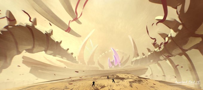 A fantasy illustration depicting tiny figures standing before massive skeletal remains and giant rib-like structures in a desert landscape, with a glowing purple crystal formation in the center background.