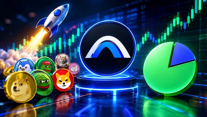 A crypto-themed graphic displays an AAVE token on a glowing blue pedestal, a rocket launching, a green pie chart, meme coins like Doge and Shiba Inu, and a rising green trading chart.