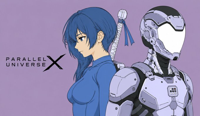 An anime-style promotional image titled 'PARALLEL UNIVERSE X' features a blue-haired female character standing back-to-back with a white robotic figure against a purple background.