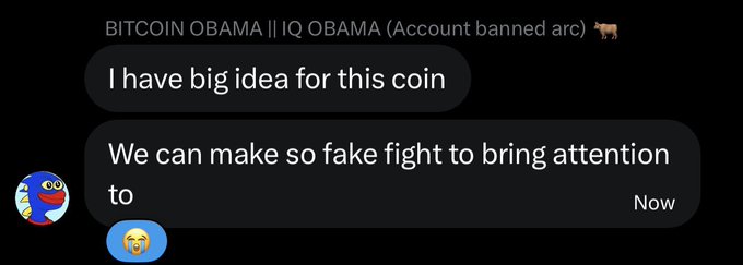 A screenshot of a Discord DM from "BITCOIN OBAMA || IQ OBAMA (Account banned arc)" suggesting a fake fight to bring attention to a coin, with the reply being a crying-laughing emoji. The post mocks the absurdity of the pitch for manufactured hype around a crypto project.