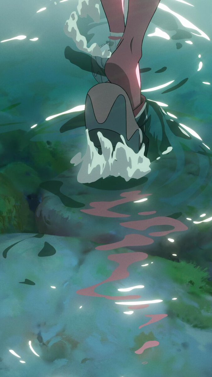 The image features a person's foot stepping into water, with their shoe submerged in the water. The background of the image is a light blue color that contrasts with the darker blue water surrounding the shoe. There are no other objects or people visible in the image. The caption reads "like and reshare for mizuki to bless the next pack you open".