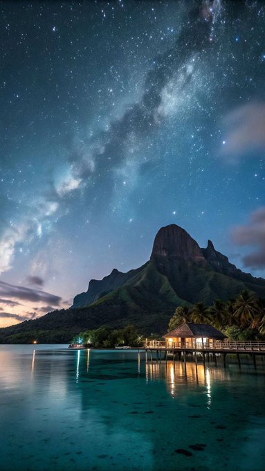 A breathtaking nighttime scene of a tropical overwater bungalow beneath a stunning Milky Way sky, with a dramatic mountain peak rising in the background. The image's serene, expansive atmosphere mirrors the post's emphasis on a smooth, elevated platform experience, evoking a sense of limitless potential and clarity—much like launching sovereign appchains made simple on @CNPYNetwork with @NucleusCodes.
