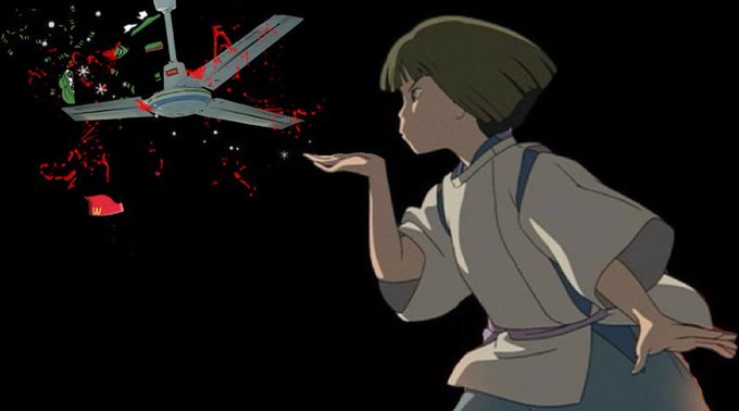 In this image, a character from Spirited Away blows on a ceiling fan splattered with red and green, hinting at the post's mention of "funny oracle ting" and "drain pools."