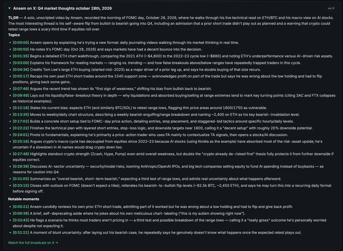 A dark panel titled “Ansen on X: ‘4Q market thoughts october 28th, 2026’” presents dated market takeaways about FOMC decisions, ETH, BTC, altcoins, Q4 positioning, notable moments, and a link to read the full transcript.