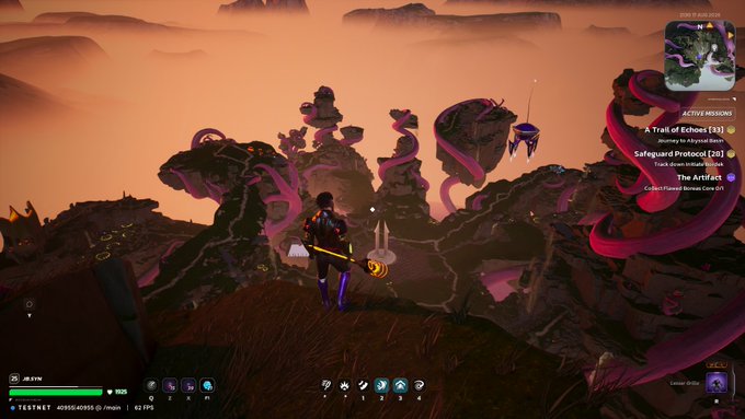 A screenshot from a video game showing a character standing on a rocky landscape with pink tentacle-like structures, featuring a quest tracker for "A Trail of Echoes" and "Safeguard Protocol".