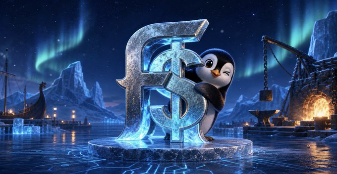 An animated penguin character hugs a large icy metallic monogram "FG" against a backdrop of an Arctic scene with the aurora borealis, icebergs, and a glowing forge.