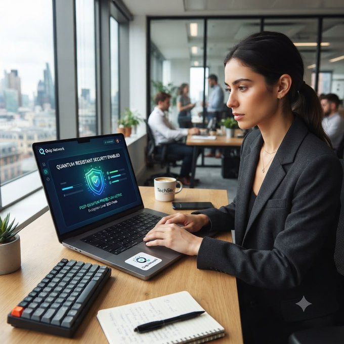 Realistic illustration of a woman in a dark blazer working on a laptop in a modern office, the screen displaying "QUANTUM RESISTANT SECURITY ENABLED" with a green shield logo.