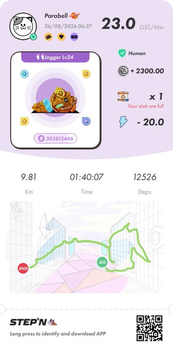 STEPN move-to-earn app screenshot showing a Parabol jogger sneaker NFT with 23.0 GST/Min earnings, alongside fitness stats of 9.81 Km and 12,526 steps.