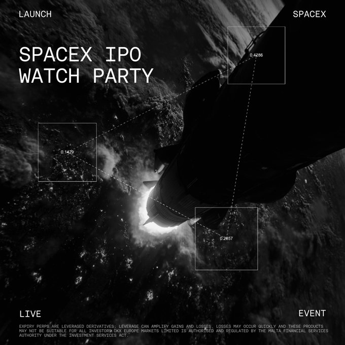The image shows a rocket ship flying through space, with the text "Spaceship XIPO Watch Party" written above it. The rocket appears to be launching into space or traveling at high speed. Below the rocket, there are three squares of different sizes and colors that appear to represent market data related to cryptocurrency and traditional markets.