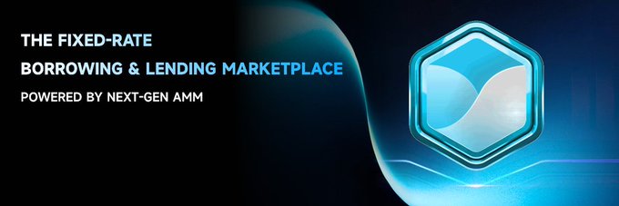 A promotional graphic with text 'THE FIXED-RATE BORROWING & LENDING MARKETPLACE' and 'POWERED BY NEXT-GEN AMM' next to a glowing blue hexagonal logo.