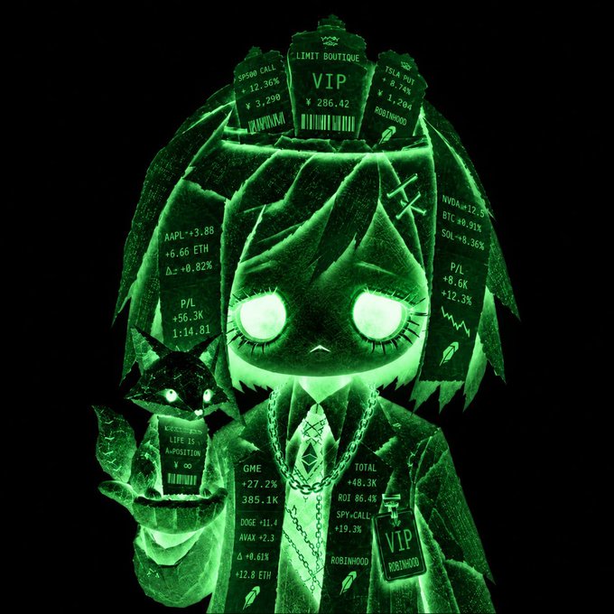 A green-tinted digital artwork of an anime-style character holding a cat, surrounded by floating trading data panels showing 'VIP LIMIT BOUTIQUE', '29500 CALL', 'AAPL+3.88', 'NVDA', and various stock/crypto tickers.