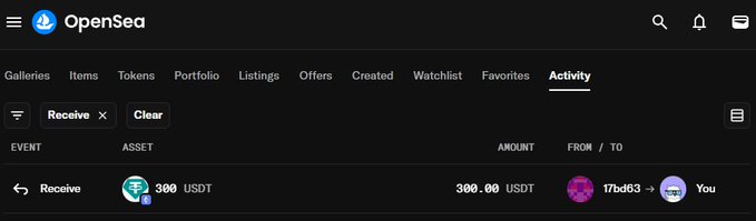 A screenshot of the OpenSea Activity tab showing a 'Receive' transaction of 300 USDT from address '17bd63' to 'You'.