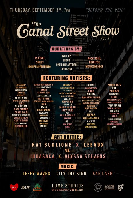 The image is a promotional poster for "The Canal Street Show Vol 6," taking place Thursday, September 3rd at 7 PM at Lume Studios (393 Broadway, 2nd FL, NYC). Curated by artists including Plotski, Jennifer Panepinto, and Will EP, it features numerous participating artists, an "Art Battle" between Kat Buglione x Leeaux vs. Judasaca x Alysssa Stevens, and music by Jeffy Waves, City The King, and Kae Lash. The poster relates to the post by advertising the Canal Street Show event where the artist's Aetheris piece will be displayed during NFT NYC.