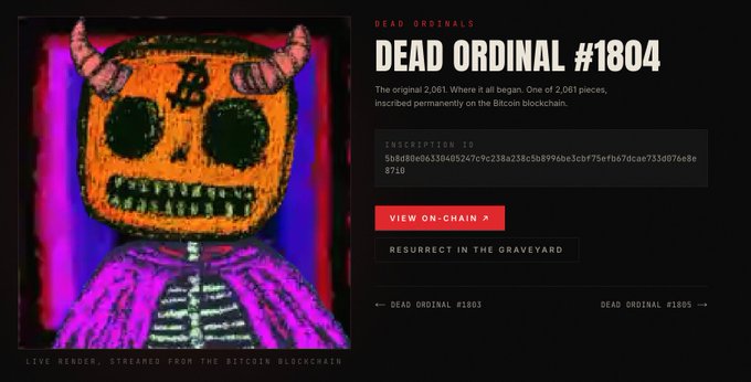 A webpage displaying a pixel art skull with orange hair and a purple jacket titled 'DEAD ORDINAL #1804', noting it is 'The original 2,061' inscribed on the Bitcoin blockchain.