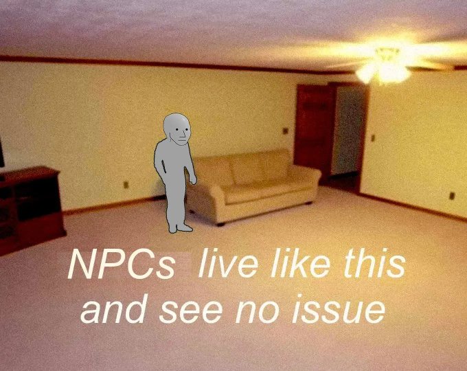 A meme featuring the "NPC Wojak" standing in a bare, empty living room with just a lone couch, with text reading "NPCs live like this and see no issue," satirizing people with minimal possessions as unthinking followers—paired with a post joking that all you need for comfortable living is "$NPC."