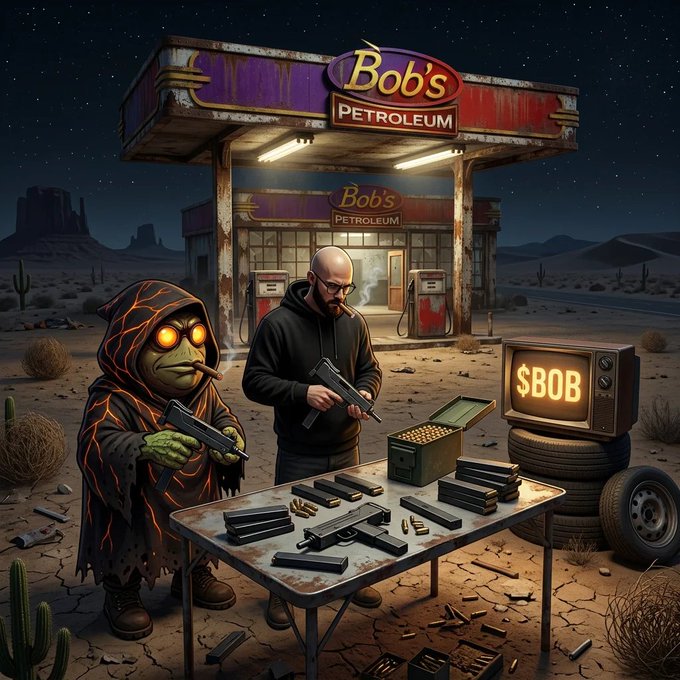An illustrated scene at a desert gas station called 'Bob's Petroleum' where a hooded figure and a bald man with guns stand at a table displaying firearms, with a TV showing '$BOB'.