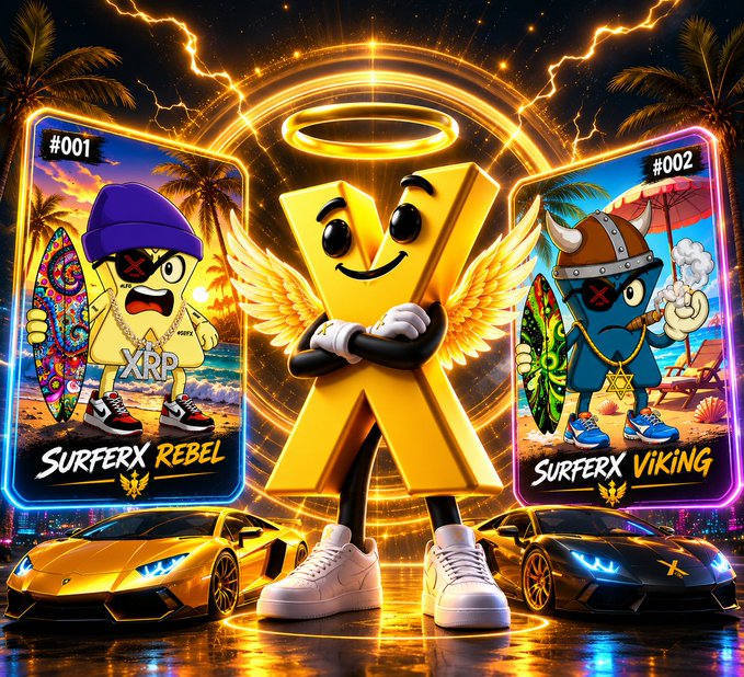 The image features a cartoon character, specifically a yellow X-shaped figure, standing next to two surfboards - one blue and one green. The character has wings and is wearing white shoes. The background of the image shows palm trees and a city skyline with buildings under a starry night sky. The post includes text that reads "Good night to all my amazing people here. Tomorrow will be better. AM Always locked in with $SRFX".