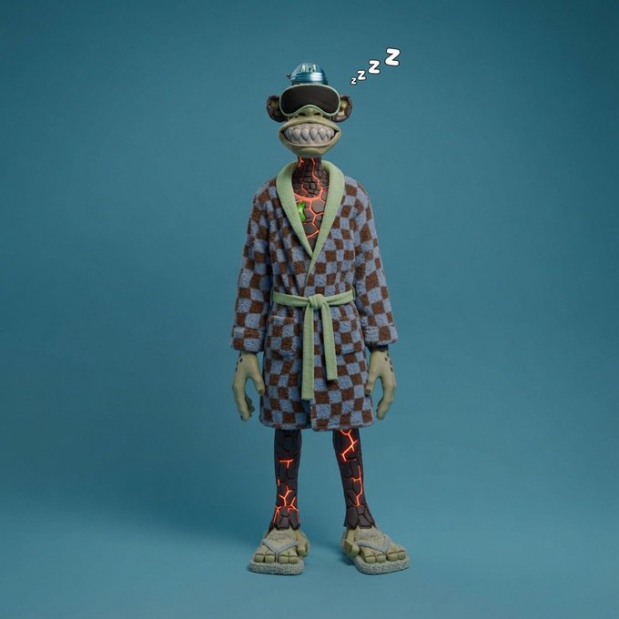 A 3D-rendered anthropomorphic frog character wearing a checkered bathrobe and sleep mask, standing with closed eyes and 'zzz' symbols indicating it is sleeping.