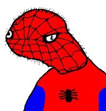 A crudely drawn cartoon figure wearing a red Spider-Man mask with a hairy body and a black spider logo on its chest.