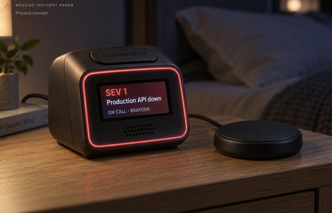 A product mockup of a bedside incident pager device with the text 'BEDSIDE INCIDENT PAGER Physical concept', showing an alert for 'SEV 1 Production API down ON CALL - BRAYDEN' on a nightstand.