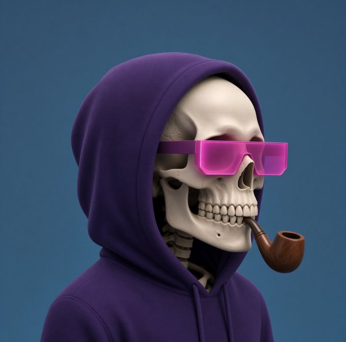 A 3D-rendered skeleton wearing a purple hoodie, pink rectangular sunglasses, and smoking a brown pipe against a blue background.