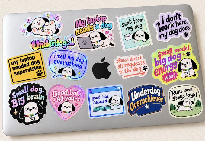 A silver laptop covered with various cartoon dog-themed stickers featuring humorous texts like 'Underdog.ai', 'My laptop needs a dog', 'Small model, big dog energy WOOF', and 'Underdog Overachiever'.