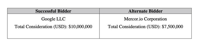 The image shows a simple two-column table with a gray header, listing "Successful Bidder" as Google LLC with a Total Consideration of $10,000,000 USD, and "Alternate Bidder" as Mercor.io Corporation with a Total Consideration of $7,500,000 USD. 

While the accompanying post discusses raw tokens versus built RL tasks and value refinement stages, the image actually depicts an acquisition bid comparison between Google and Mercor.io, which doesn't directly relate to the tokenization/RL environment topic described.