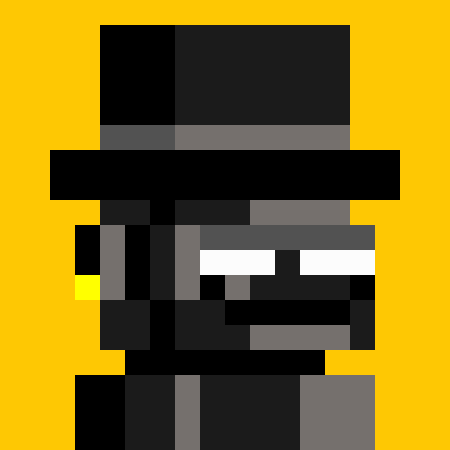 Pixel art of a figure in a black hat and sunglasses against a yellow background.