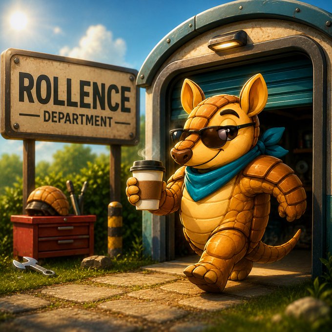 An anthropomorphic armadillo wearing sunglasses and a blue bandana, holding a coffee cup while exiting a building labeled 'ROLLENCE DEPARTMENT' with tools nearby.