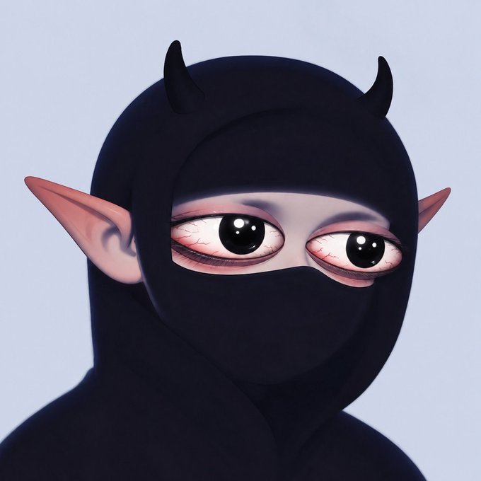 A digital 3D rendering of a character wearing a tight black balaclava-style hood with small black devil horns and pointed elf-like ears, featuring large anime-style eyes with visible red blood vessels.