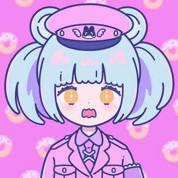 Anime-style illustration of a chibi character with light blue pigtails, golden eyes, and a pink military-style beret and uniform, set against a pink background with donut patterns.