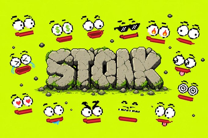 A vibrant lime-green promotional image showcasing pixel-art Pepe faces displaying various emotions (money, fire, hearts, sunglasses, spiral eyes) surrounding the cracked stone-textured text "STONK," reflecting the StonkPepes meme coin/NFT project referenced in the post.