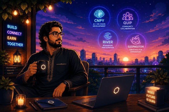 A digital illustration of a bearded man in traditional attire holding a mug with a Web3 logo, sitting on a balcony at sunset with floating holographic panels for CNPY, QUIP, RIVER, and SLEEPAGOTCHI projects and a 'BUILD CONNECT EARN TOGETHER' neon sign.