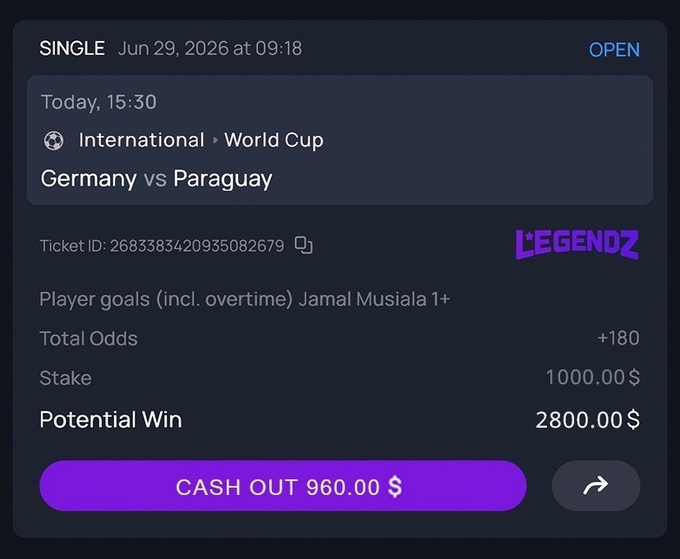 Mobile betting app screenshot showing a single bet placed on June 29, 2026 on a World Cup match between Germany vs Paraguay, with a +180 odds bet that Jamal Musiala scores 1+ goals, $1000 stake, $2800 potential win, $960 cash out option, from Legendz.