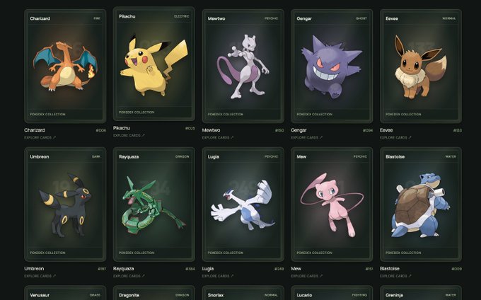 A dark-themed grid displays 15 Pokémon cards from a digital collection called "POKEDEX COLLECTION," featuring cards numbered #001 to #015 with iconic Pokémon including Charizard, Pikachu, Mewtwo, Gengar, Eevee, Umbreon, Rayquaza, Lugia, Mew, Blastoise, Venusaur, Dragonite, Snorlax, Lucario, and Greninja, each labeled with their type (Fire, Electric, Psychic, Ghost, Normal, Dark, Dragon, Water, Grass). The image visually represents the launch announcement of POKEDEX as a Solana-based collector ecosystem where these 15 Pokémon tokens are paired with collectible cards, illustrating the pairing concept described in the post.