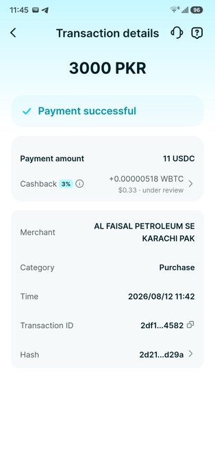 A mobile transaction details screen showing a successful payment of 3000 PKR (11 USDC) at 'AL FAISAL PETROLEUM SE KARACHI PAK' on 2026/08/12.