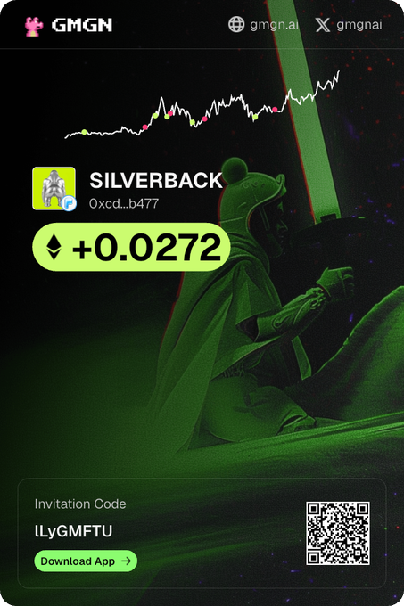 A promotional graphic from the GMGN platform displays a green-themed promotional card for the "SILVERBACK" token (0xcd...b477), showing a +0.0272 increase with an invitation code "ILyGMFTU" and a chart reflecting recent price gains. The image appears to support the poster's claim of taking profits after the token's recent pump, while encouraging others to join via the referral code.