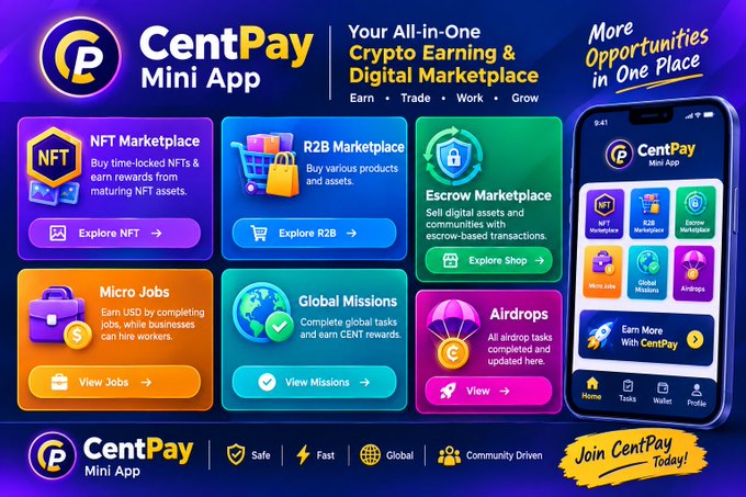 A promotional graphic for the 'CentPay Mini App' showcasing its features like NFT Marketplace, R2B Marketplace, Escrow, Micro Jobs, Global Missions, and Airdrops.