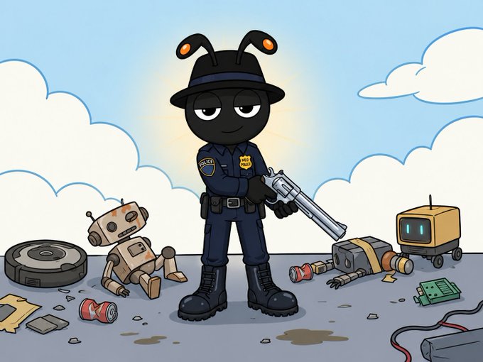 Cartoon illustration of an anthropomorphic bee dressed in a police uniform holding a revolver, standing among scattered robot parts and debris.